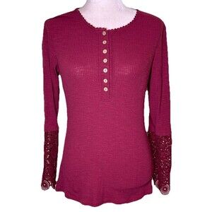 Women’s Maroon Ribbed Knit Henley Top Lace Cuff Long Sleeve Coquette Size Small